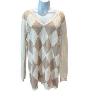 Tommy Hilfiger XL Argyle Sweater Cream Metallic‎ V-Neck Classic Fall Preppy
